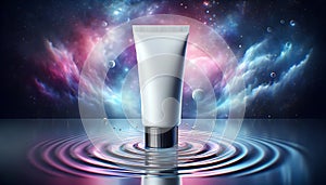 White Beauty Products Packaging Mockup, white tube on ripple, cosmos background