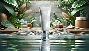 White Beauty Products Packaging Mockup, white tube on water ripple, Natural background
