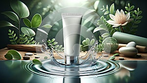 White Beauty Products Packaging Mockup, white tube on water ripple, Natural background