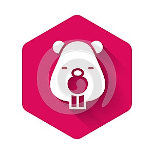 White Beaver animal icon isolated with long shadow. Pink hexagon button. Vector