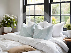a white bed with white comforters and pillows