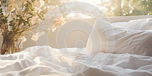 White bedding sheets and pillow background, Messy bed concept