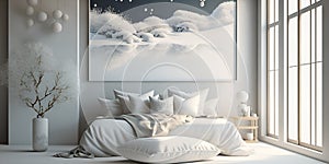 White bedroom 3D interior light panorama windows. Modern nordic style design. White soft pillows wooden furniture indoor