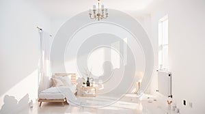 White bedroom, adorned with modern furniture, showcases a harmonious blend of minimalist design and luxurious aesthetics.