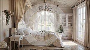 White bedroom. Beautiful country bedroom with large windows