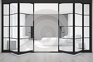 White bedroom, gray wall, doors