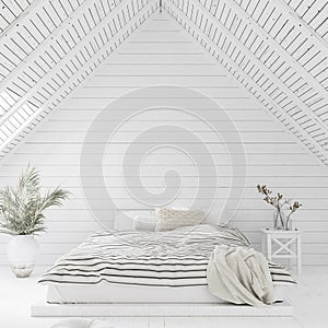 White bedroom interior in attic, coastal style