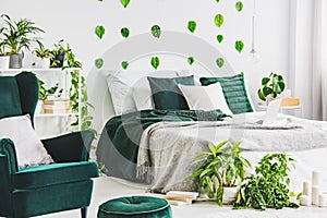 White bedroom interior with king size bed with grey nd emerald bedding, urban jungle and green leaf on the wall