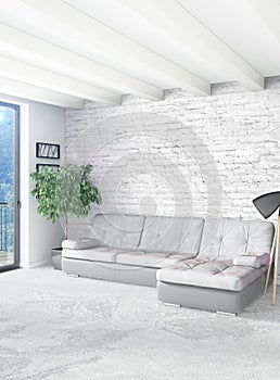 White bedroom or livingroom minimal style interior design with stylish wall and sofa. 3D Rendering. Conept of show room