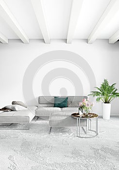 White bedroom or livingroom minimal style interior design with stylish wall and sofa. 3D Rendering. Conept of show room