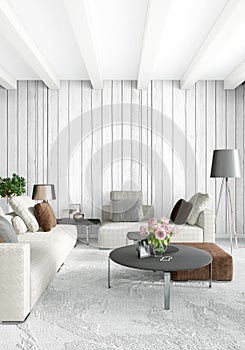 White bedroom minimal style Interior design with wood wall and grey sofa. 3D Rendering.