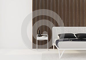 White bedroom with wooden slats on the wall