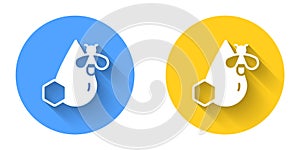 White Bee and honeycomb icon isolated with long shadow background. Honey cells. Honeybee or apis with wings symbol