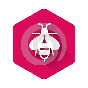 White Bee icon isolated with long shadow. Sweet natural food. Honeybee or apis with wings symbol. Flying insect. Pink