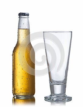 White beer bottle and glass