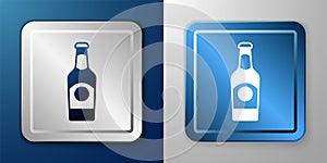 White Beer bottle icon isolated on blue and grey background. Silver and blue square button. Vector