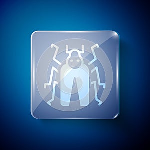 White Beetle bug icon isolated on blue background. Square glass panels. Vector