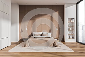 White and beige bedroom interior with bookcase