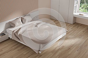 White and beige bedroom interior with wardrobe, top view