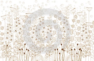 White and beige flowers and grass on a white background.vector illustration