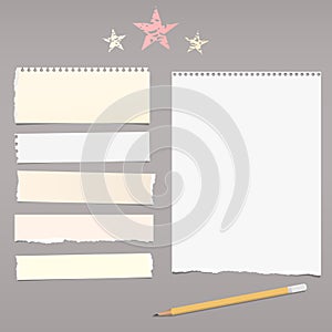 White, beige note, copybook, notebook paper strips, stars and pencil on dark grey background.
