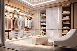 White and beige wood women walk in closet, with warm wooden wardrobe, white drawer and armchair, modern luxury mixed with minimal