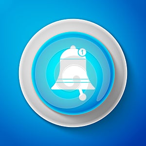 White Bell icon isolated on blue background. New Notification icon. New message icon. Circle blue button with white line