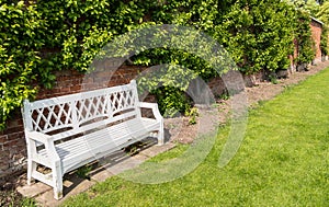 White Bench in an English Walled Garden
