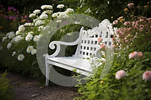 White bench in floral garden. Generate ai