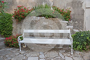 White bench in front of stone wall, red blooming nicotiana sanderae