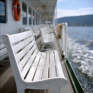 White benches on a ferry deck overlooking the sea.