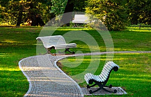 white benches on the sidewalk in park