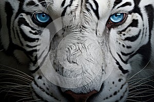 White bengal tiger. Free wild tiger, macro. The gaze of bright blue eyes. Strength and power of wild beast. Noble proud
