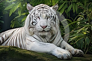 White Bengal tiger. Free wild tiger in natural habitat among foliage. Proud look. The strength and power of a wild beast