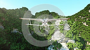 White bi plane flying in Mountains Cliffs with trees. rescuer. aerial 3d animation.