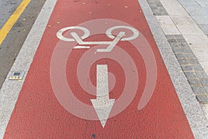 White Bicycle or bike lane way symbol on red lane way symbol in Park, Seoul city, South Korea