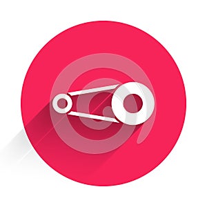 White Bicycle chain with cogwheels icon isolated with long shadow. Bike chain sprocket transmission. Red circle button