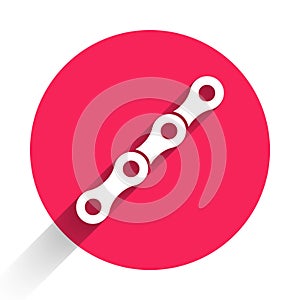 White Bicycle chain icon isolated with long shadow. Bike chain sprocket transmission. Red circle button. Vector