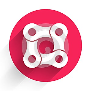 White Bicycle chain icon isolated with long shadow. Bike chain sprocket transmission. Red circle button. Vector