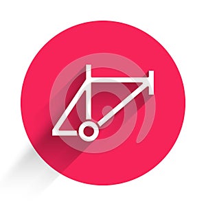 White Bicycle frame icon isolated with long shadow. Red circle button. Vector