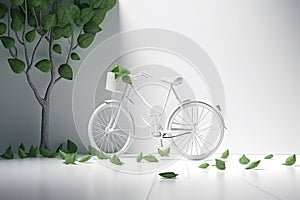 White bicycle and green leafs - sustainable and eco friendly or green transportration concept. Generative AI