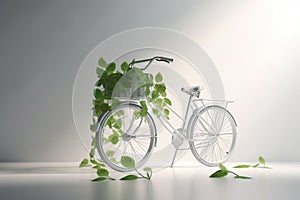 White bicycle and green leafs - sustainable and eco friendly or green transportration concept. Generative AI