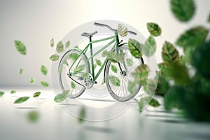 White bicycle and green leafs - sustainable and eco friendly or green transportration concept. Generative AI