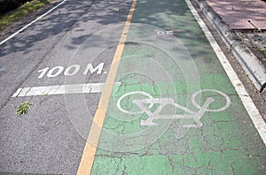 The white bicycle painting on the green bike lane on the line of 100 meters distance.