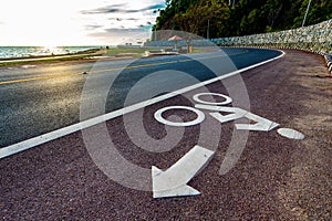 White bicycle road sign on asphalt lane