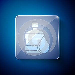 White Big bottle with clean water icon isolated on blue background. Plastic container for the cooler. Square glass