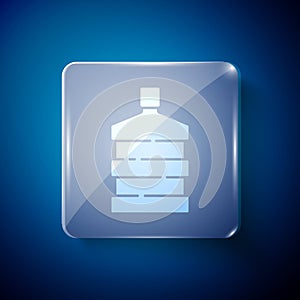 White Big bottle with clean water icon isolated on blue background. Plastic container for the cooler. Square glass