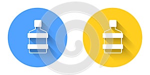 White Big bottle with clean water icon isolated with long shadow background. Plastic container for the cooler. Circle