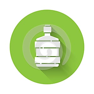 White Big bottle with clean water icon isolated with long shadow. Plastic container for the cooler. Green circle button
