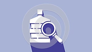 White Big bottle with clean water and magnifying glass icon isolated on purple background. Plastic container for the